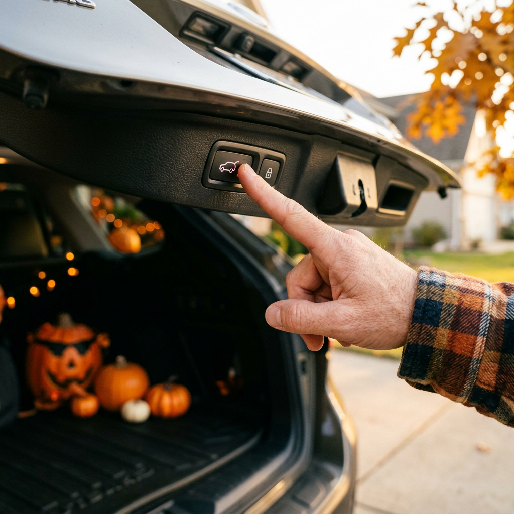 A person in a plaid shirt presses the power liftgate button on an open car trunk filled with pumpkins. (Representative image for illustration purposes only. Actual vehicle may vary based on trim and configuration.)