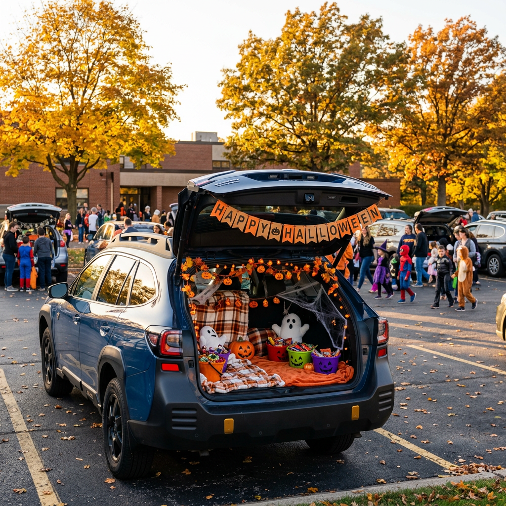 Open trunk of a blue SUV decorated with a Happy Halloween banner, ghost plushies, and candy buckets in a parking lot. (Representative image for illustration purposes only. Actual vehicle may vary based on trim and configuration.)