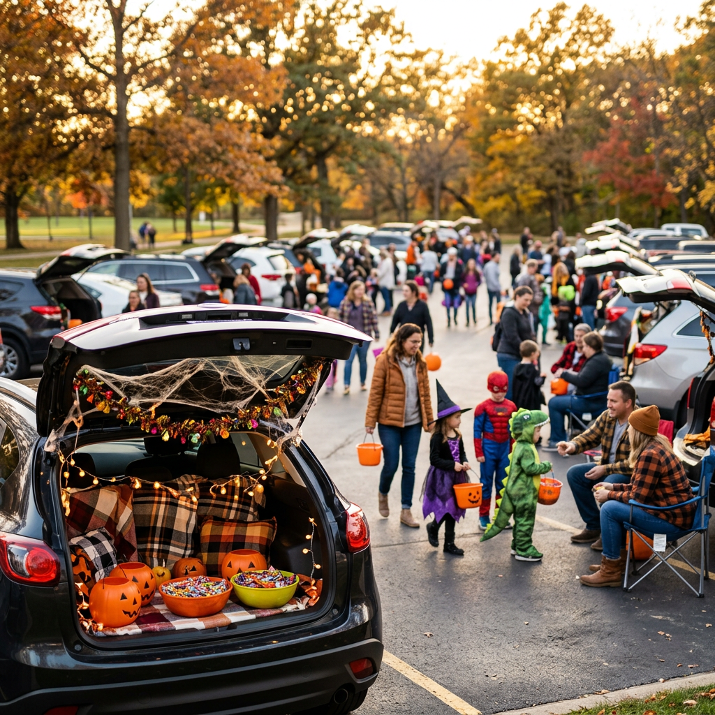 Children in Halloween costumes trick-or-treat at a trunk-or-treat event in a park surrounded by autumn trees. (Representative image for illustration purposes only. Actual vehicle may vary based on trim and configuration.)