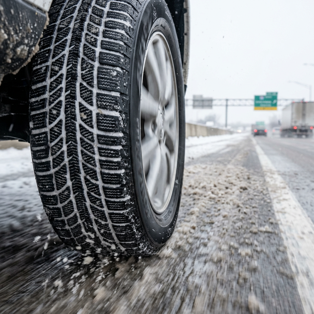 Car winter tire driving through slush on a snowy highway. (Representative image for illustration purposes only. Actual vehicle may vary based on trim and configuration.)