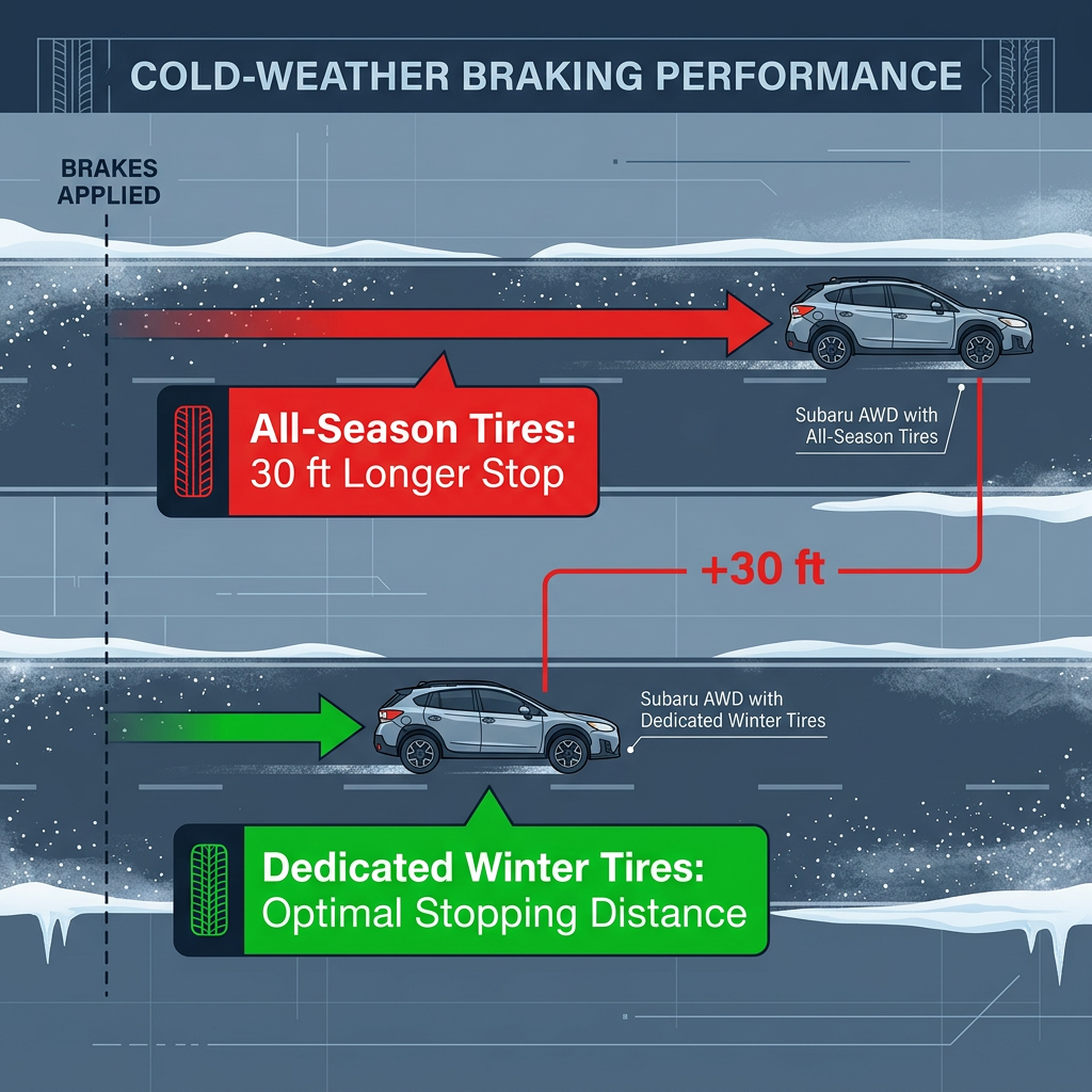 Infographic showing that all-season tires require 30 more feet to stop in cold weather compared to dedicated winter tires. (Representative image for illustration purposes only. Actual vehicle may vary based on trim and configuration.)