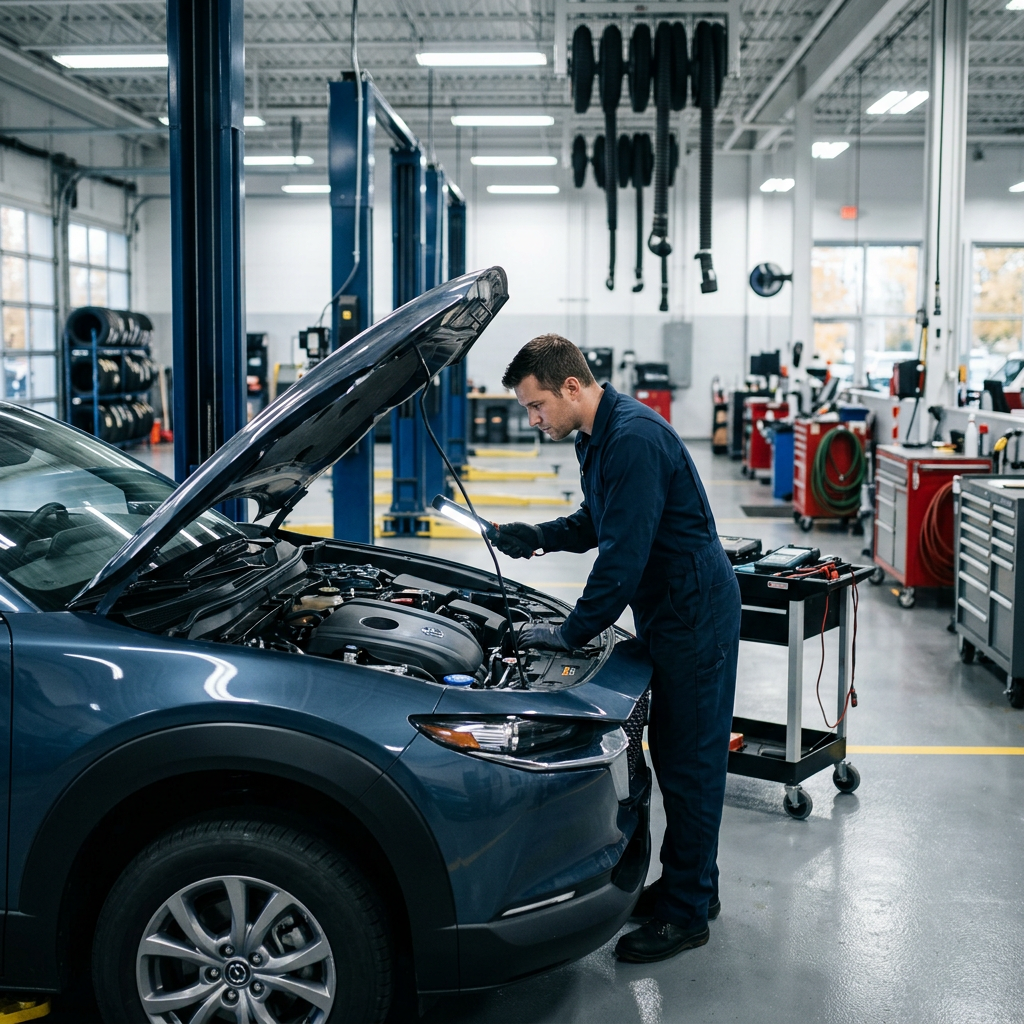 A mechanic in blue coveralls uses an inspection light to examine the open engine bay of a blue car in a service bay. (Representative image for illustration purposes only. Actual vehicle may vary based on trim and configuration.)