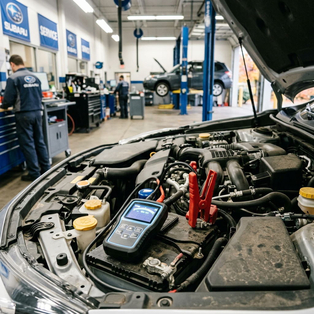 Digital battery tester connected to a car engine inside a Subaru dealership service shop. (Representative image for illustration purposes only. Actual vehicle may vary based on trim and configuration.)