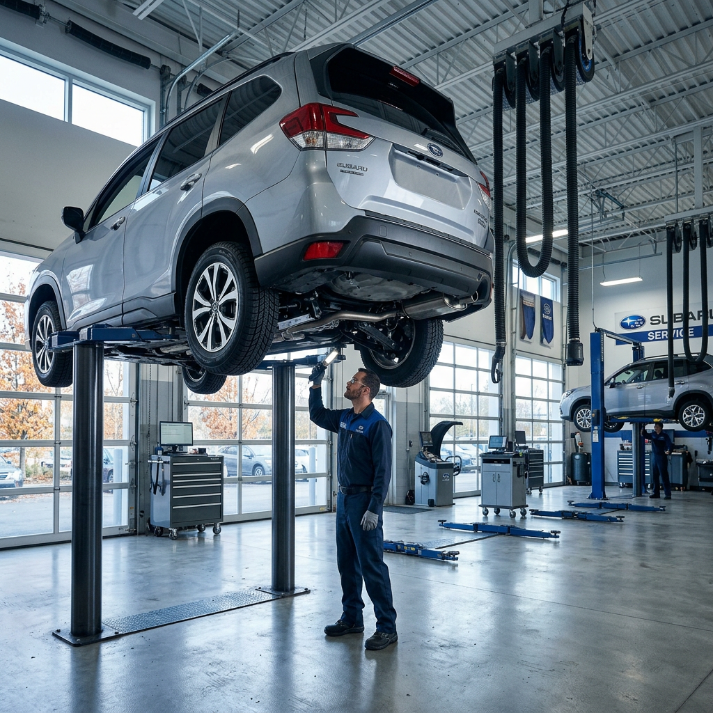 Auto mechanic using a flashlight to inspect the undercarriage of a silver SUV on a hydraulic car lift. (Representative image for illustration purposes only. Actual vehicle may vary based on trim and configuration.)