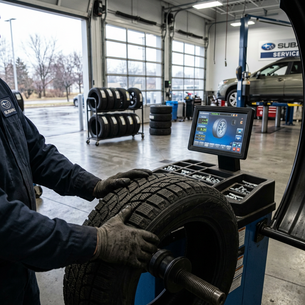 A mechanic in a Subaru jacket holding a winter tire mounted on a digital wheel balancing machine in a service garage. (Representative image for illustration purposes only. Actual vehicle may vary based on trim and configuration.)
