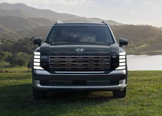Front view of a dark green Hyundai SUV parked on a grassy lawn with hills and a lake in the background.
