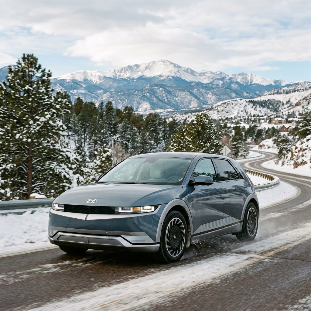 A grey Hyundai Ioniq 5 electric car driving along a winding, snow-dusted mountain road with snowy peaks behind. (Representative image for illustration purposes only. Actual vehicle may vary based on trim and configuration.)