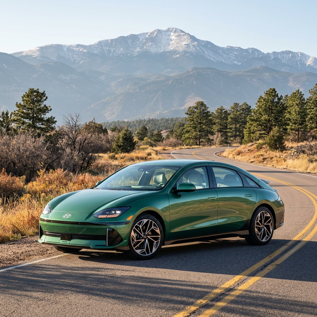 Green Hyundai Ioniq 6 electric sedan parked on a winding mountain road with snow-capped peaks in the background. (Representative image for illustration purposes only. Actual vehicle may vary based on trim and configuration.)
