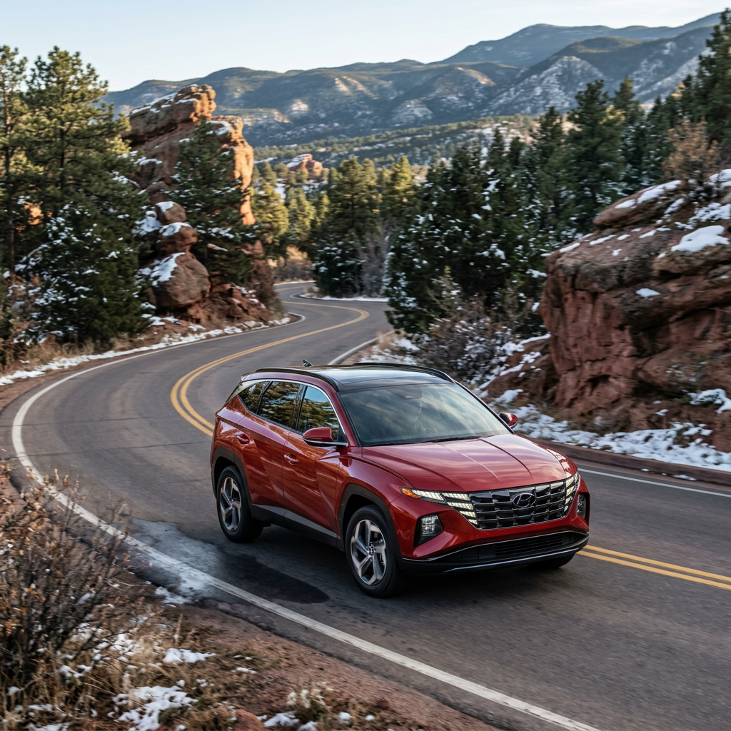 Red Hyundai Tucson driving along a winding scenic mountain road framed by red rocks and pine trees. (Representative image for illustration purposes only. Actual vehicle may vary based on trim and configuration.)