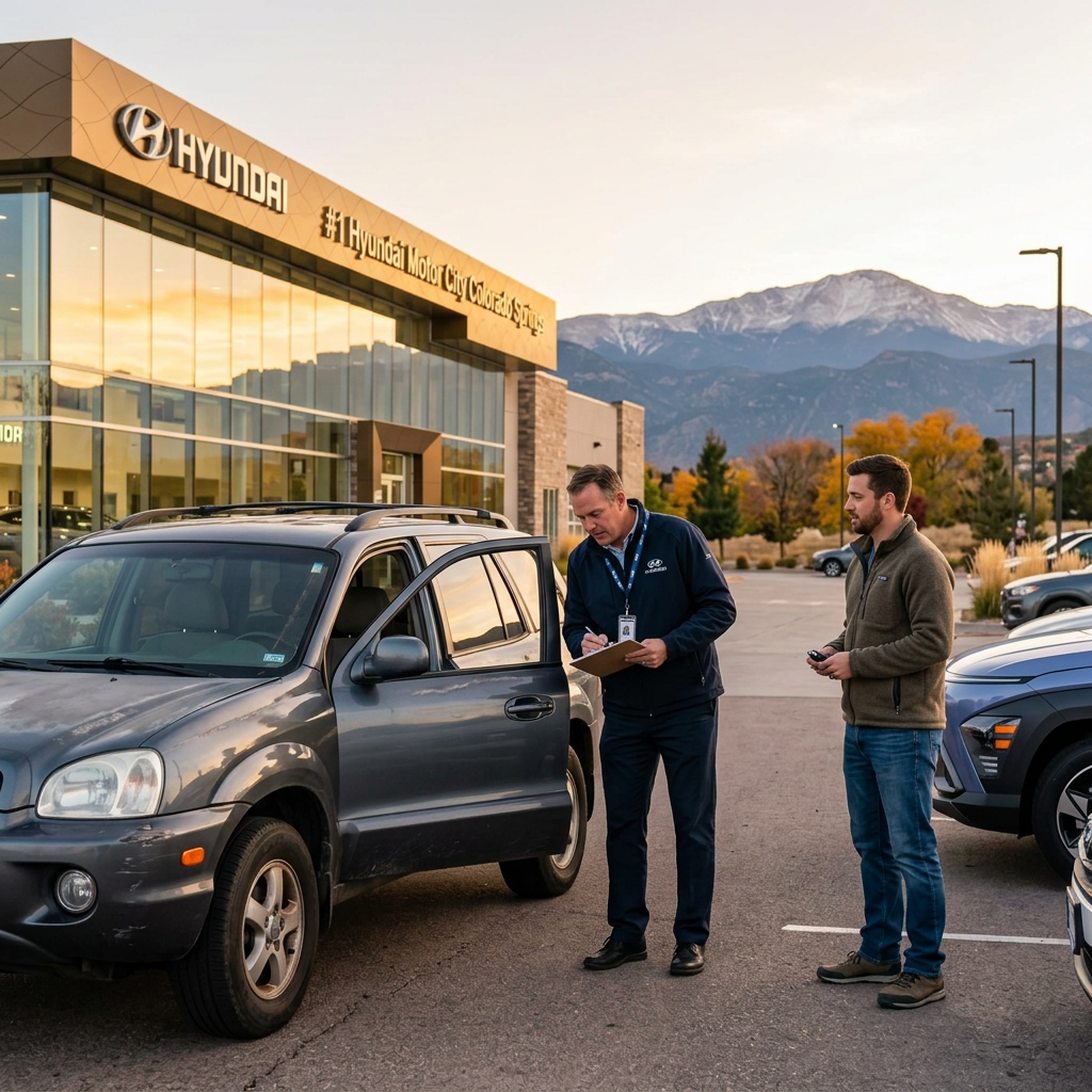 A service advisor writes on a clipboard beside a customer and an SUV outside a Hyundai dealership. (Representative image for illustration purposes only. Actual vehicle may vary based on trim and configuration.)