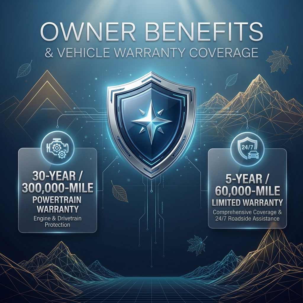 Owner Benefits graphic highlighting 30-year powertrain and 5-year limited vehicle warranty coverage details. (Representative image for illustration purposes only. Actual vehicle may vary based on trim and configuration.)