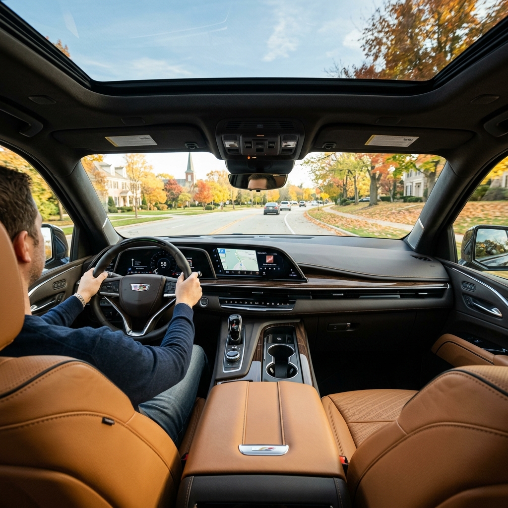 View from inside a luxury SUV as a driver navigates a suburban street with colorful autumn trees. (Representative image for illustration purposes only. Actual vehicle may vary based on trim and configuration.)