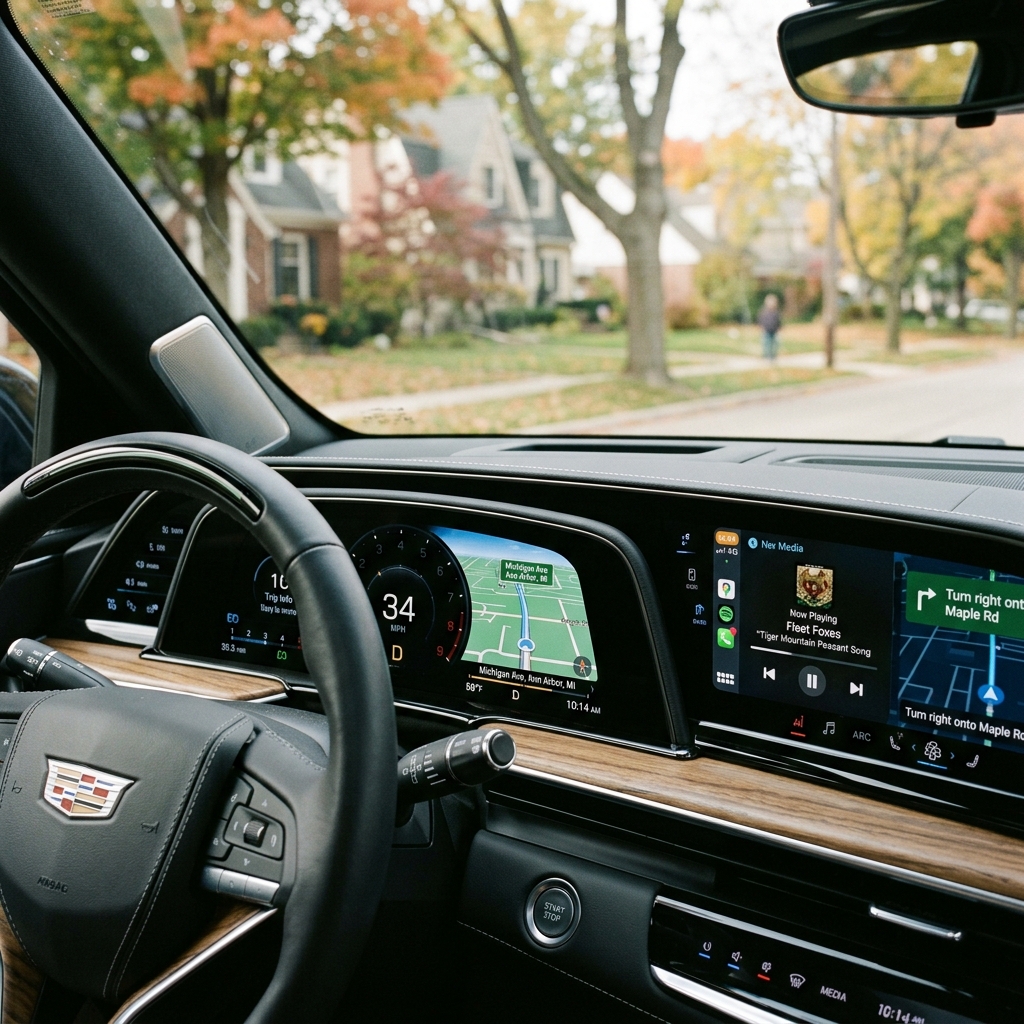View from the driver seat of a luxury car showing a digital dashboard screen while driving down a suburban street. (Representative image for illustration purposes only. Actual vehicle may vary based on trim and configuration.)