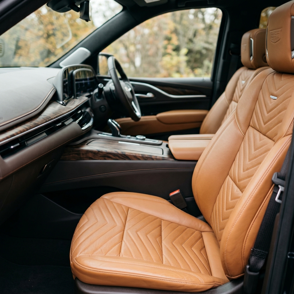 Luxury car interior featuring tan chevron-stitched leather seats, dark wood trim, and a digital dashboard. (Representative image for illustration purposes only. Actual vehicle may vary based on trim and configuration.)