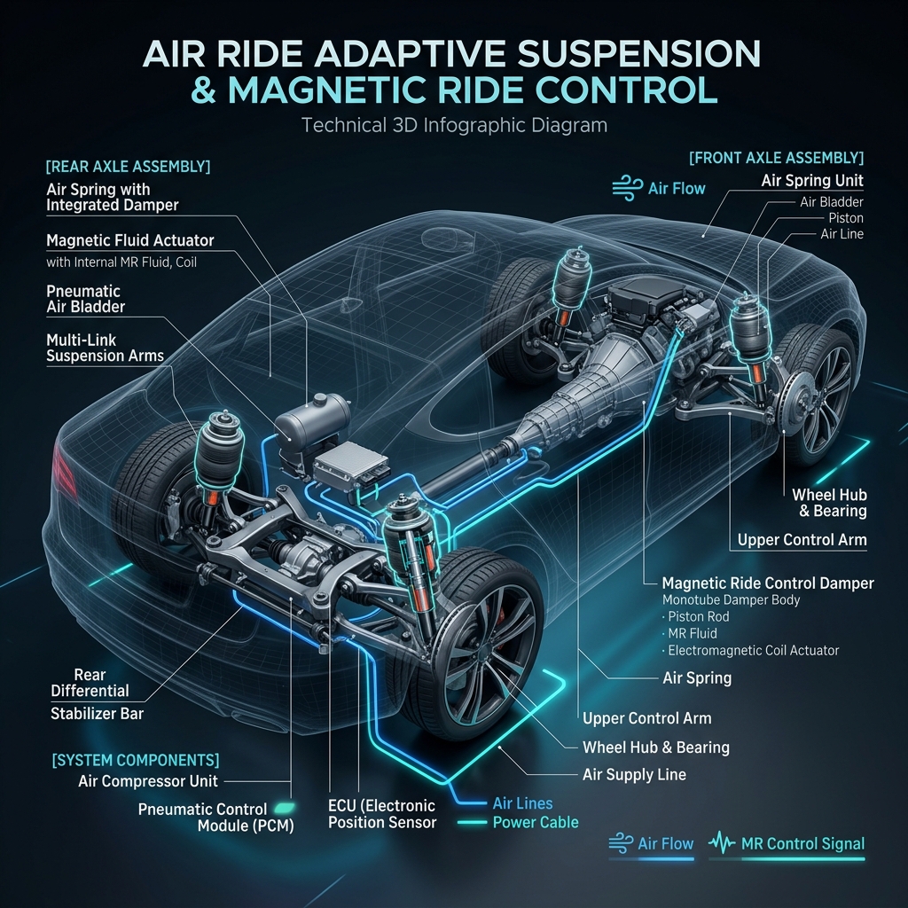 3D infographic diagram illustrating a car's air ride adaptive suspension and magnetic ride control system components. (Representative image for illustration purposes only. Actual vehicle may vary based on trim and configuration.)
