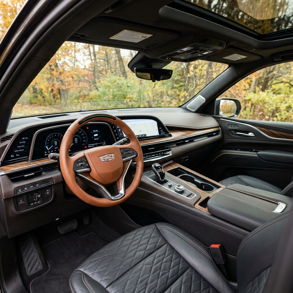 Interior of a luxury Cadillac SUV with a tan leather steering wheel, curved digital dashboard, and wood trim. (Representative image for illustration purposes only. Actual vehicle may vary based on trim and configuration.)