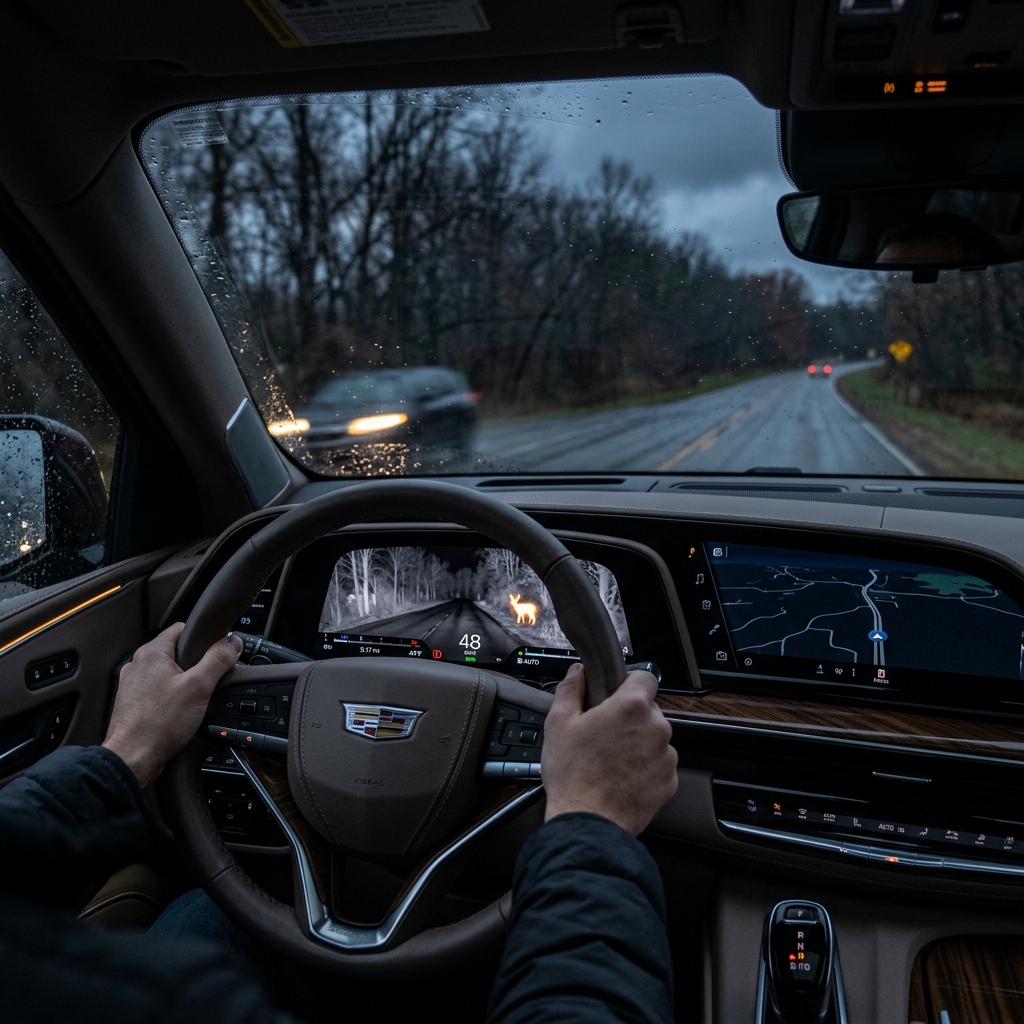 View from driver's seat showing a digital dashboard night vision system highlighting a deer on a dark road. (Representative image for illustration purposes only. Actual vehicle may vary based on trim and configuration.)