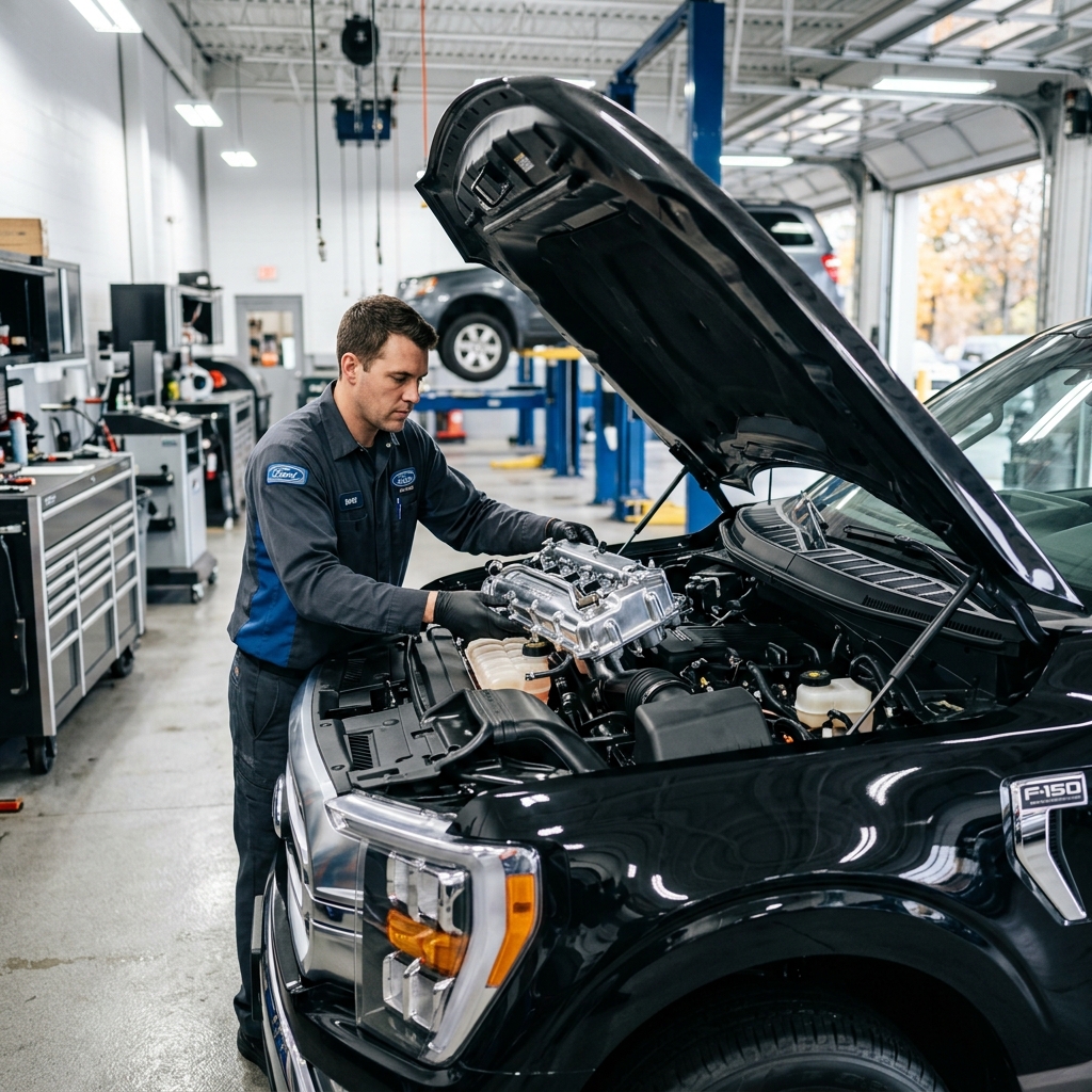 A mechanic in a Ford uniform installing a silver engine part into a black F-150 truck in a repair shop. (Representative image for illustration purposes only. Actual vehicle may vary based on trim and configuration.)