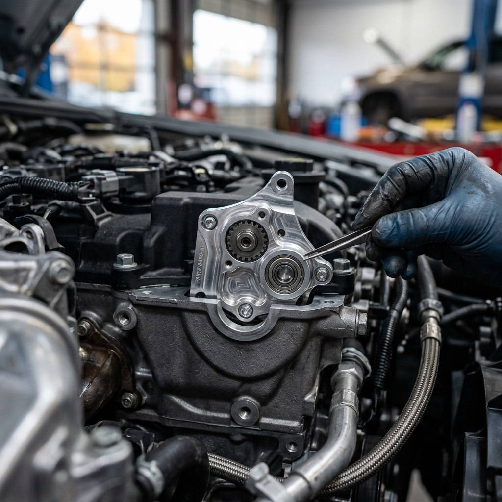 Gloved mechanic using fine tweezers to inspect a precision bearing inside a metal engine component. (Representative image for illustration purposes only. Actual vehicle may vary based on trim and configuration.)