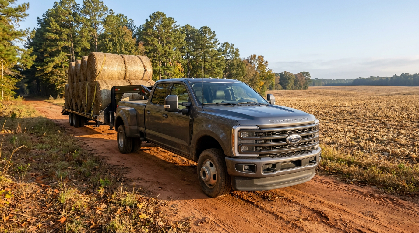 A grey Ford Super Duty dually truck pulling a trailer loaded with round hay bales along a dirt farm road. (Representative image for illustration purposes only. Actual vehicle may vary based on trim and configuration.)