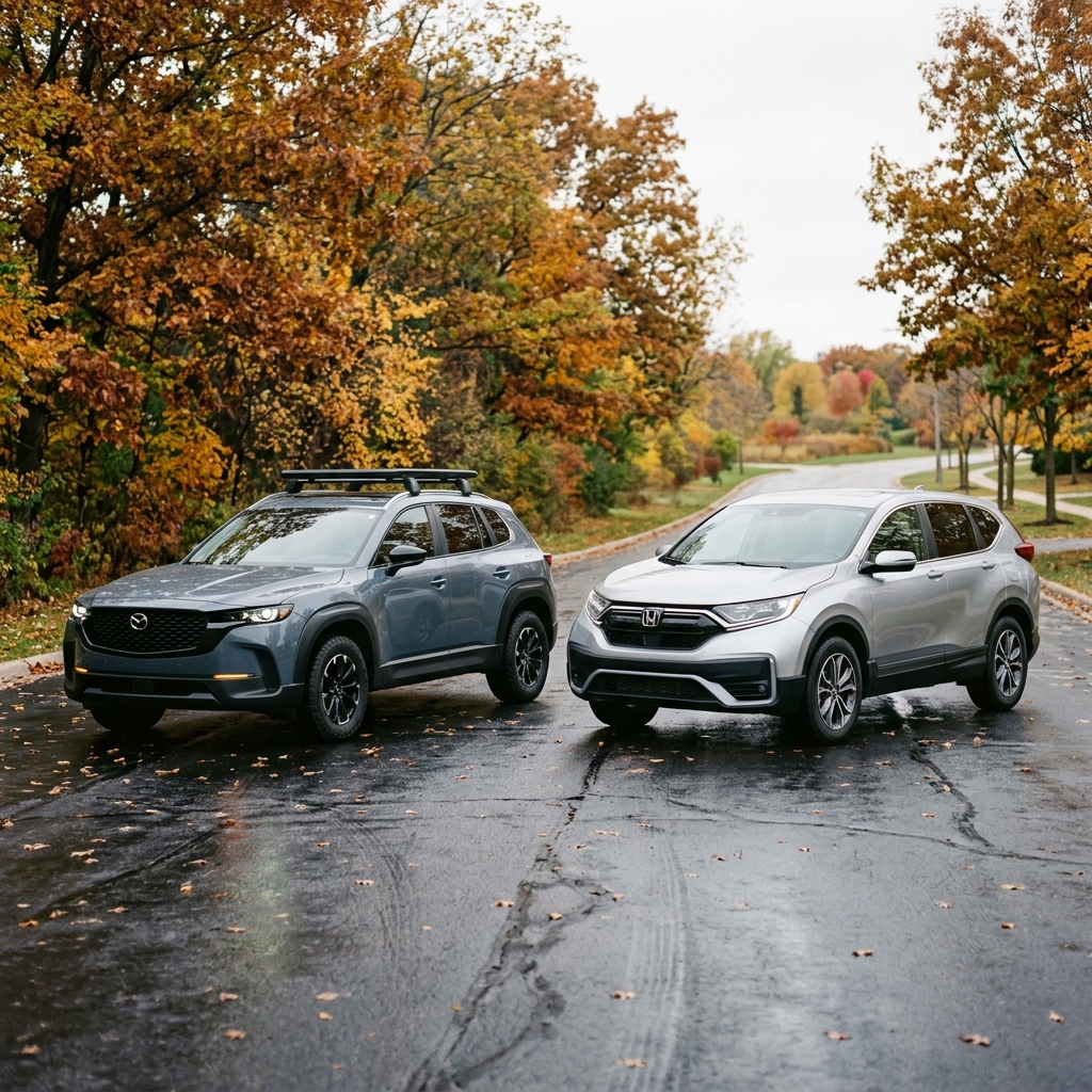 Slate grey Mazda CX-50 and silver Honda CR-V parked on a wet road lined with autumn trees. (Representative image for illustration purposes only. Actual vehicle may vary based on trim and configuration.)