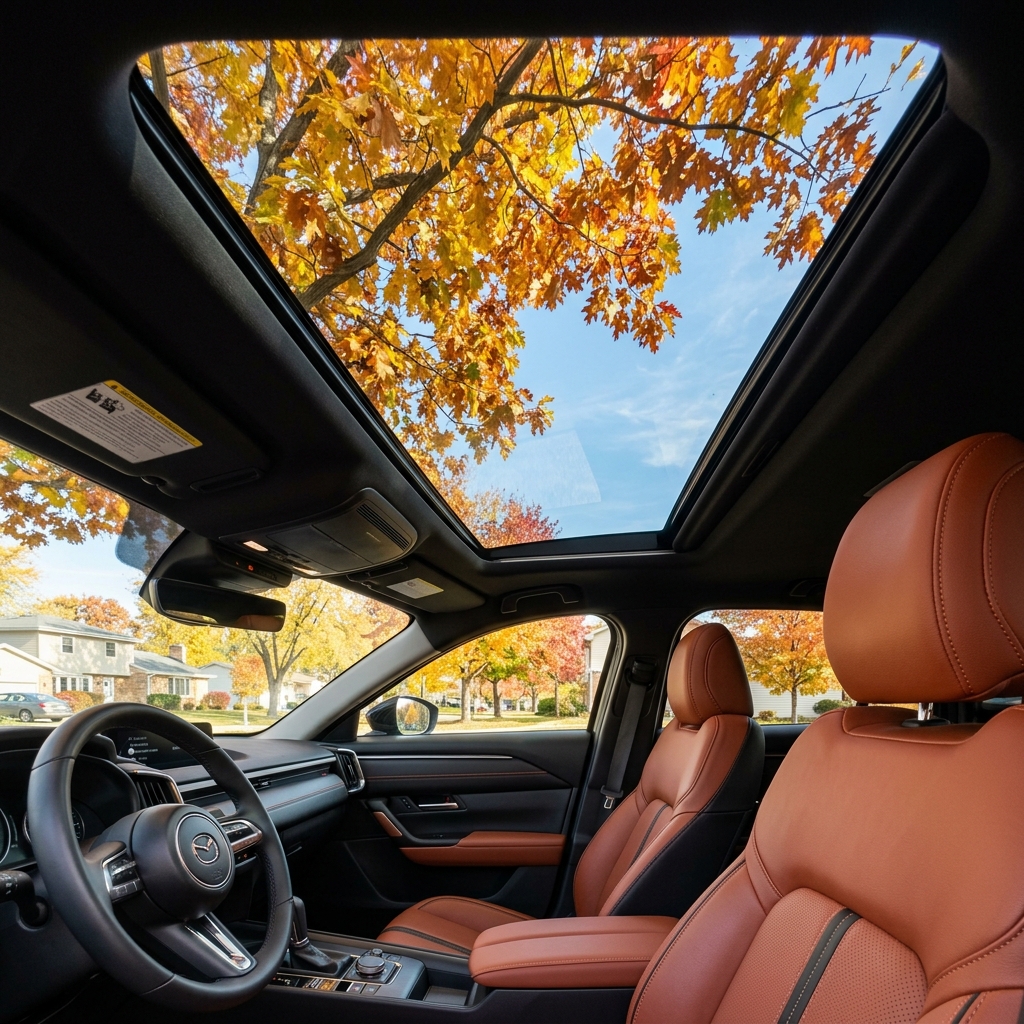 Interior of a vehicle with terracotta leather seats and a panoramic sunroof framed by vibrant yellow autumn leaves. (Representative image for illustration purposes only. Actual vehicle may vary based on trim and configuration.)