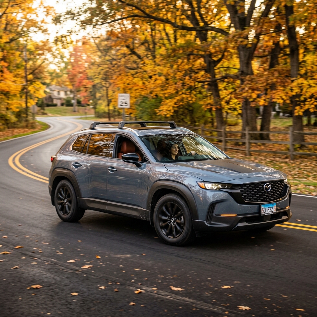 A grey Mazda SUV driving on a winding road lined with vibrant yellow autumn trees. (Representative image for illustration purposes only. Actual vehicle may vary based on trim and configuration.)