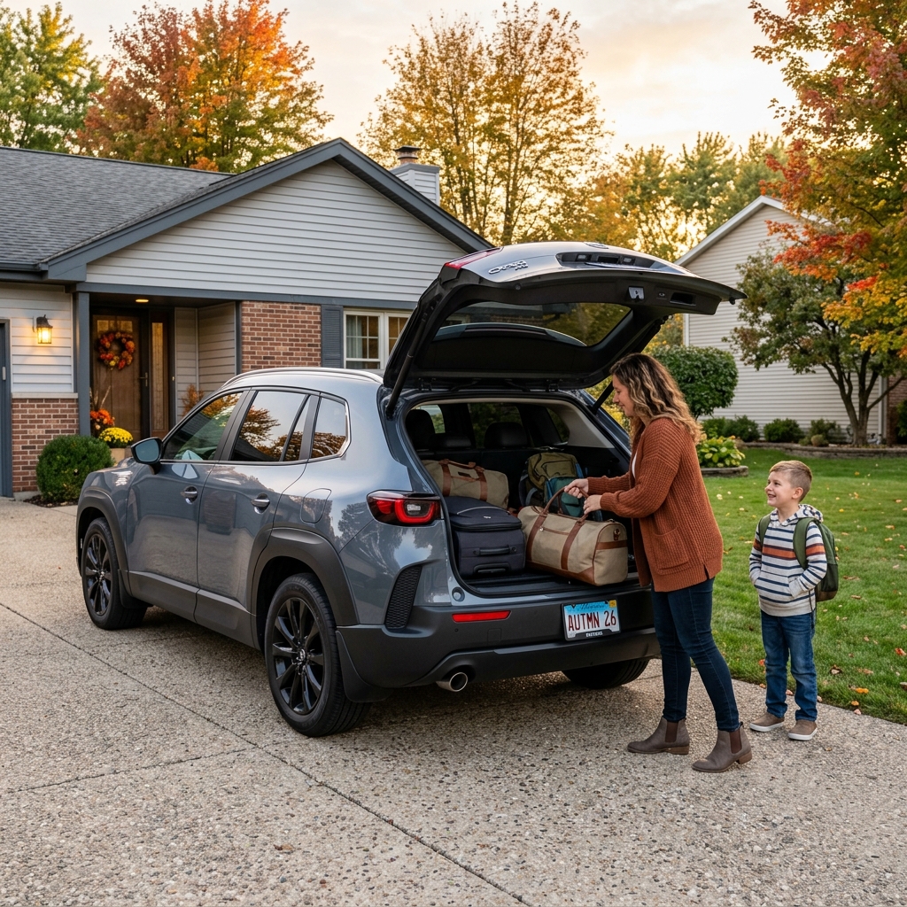 Woman loading duffel bags and luggage into the open trunk of a gray SUV next to a young boy in a driveway. (Representative image for illustration purposes only. Actual vehicle may vary based on trim and configuration.)