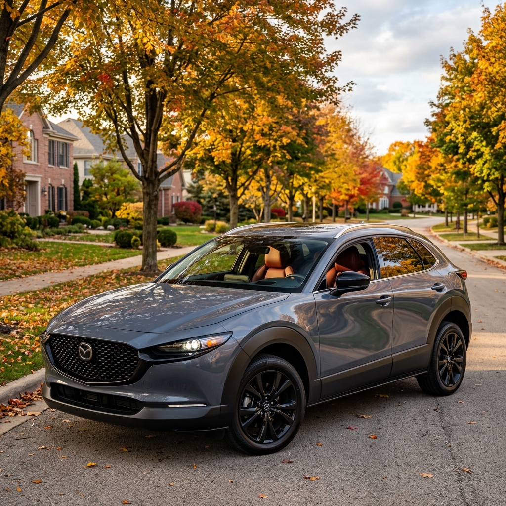 A dark grey Mazda SUV parked on a quiet suburban street surrounded by colorful autumn trees. (Representative image for illustration purposes only. Actual vehicle may vary based on trim and configuration.)