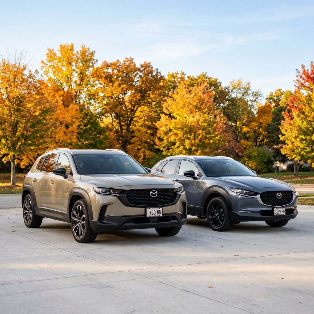 Two Mazda crossover SUVs, a tan CX-50 and a grey CX-30, parked on a driveway with colorful fall foliage behind them. (Representative image for illustration purposes only. Actual vehicle may vary based on trim and configuration.)