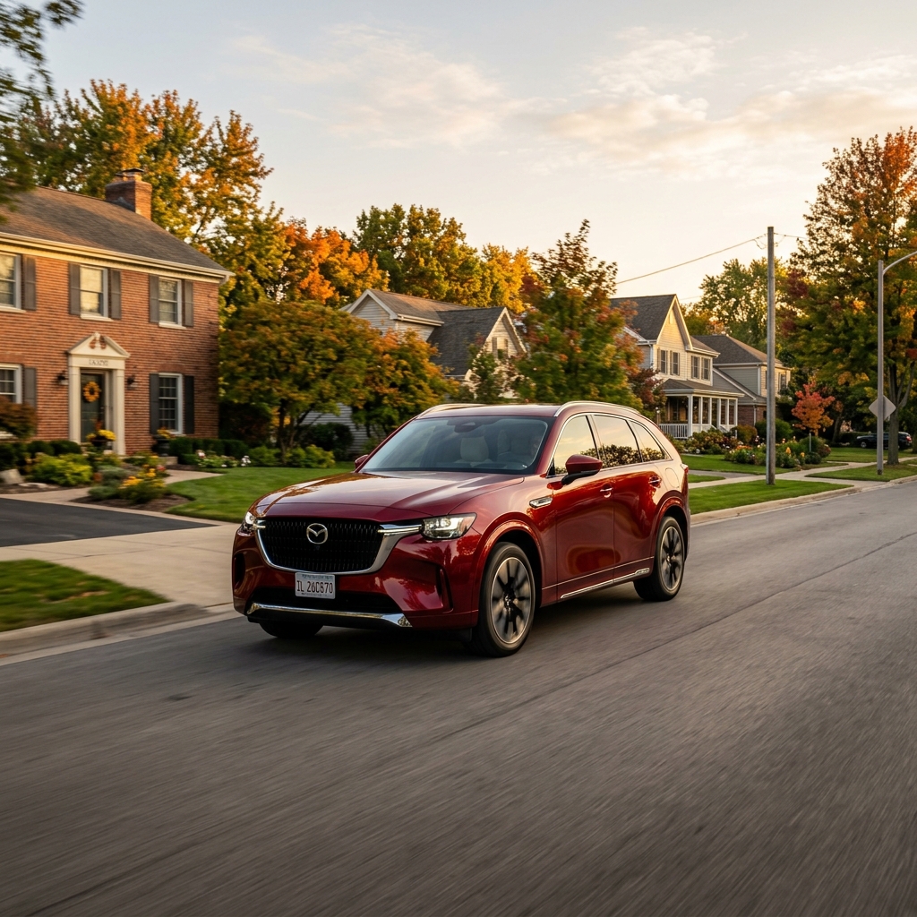 Red Mazda SUV driving along a tree-lined residential street during autumn golden hour. (Representative image for illustration purposes only. Actual vehicle may vary based on trim and configuration.)
