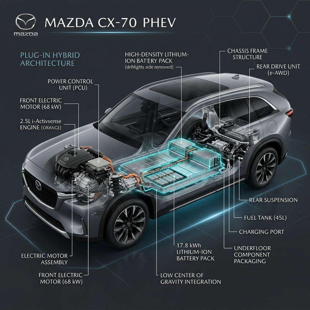 Cutaway diagram showing internal components and plug-in hybrid architecture of the Mazda CX-70 PHEV. (Representative image for illustration purposes only. Actual vehicle may vary based on trim and configuration.)