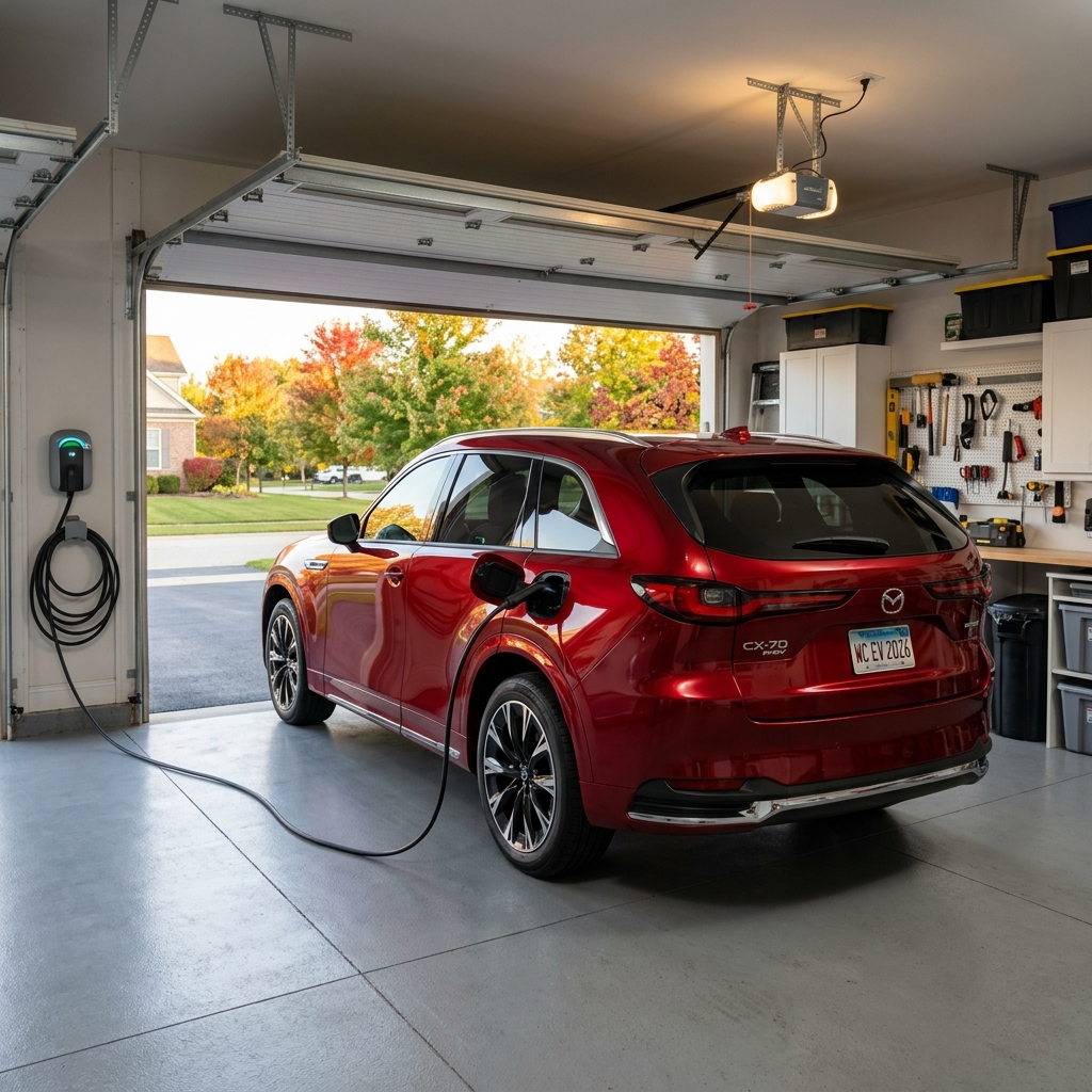 Red Mazda CX-70 PHEV parked in a clean garage and plugged into a wall-mounted electric vehicle charger. (Representative image for illustration purposes only. Actual vehicle may vary based on trim and configuration.)