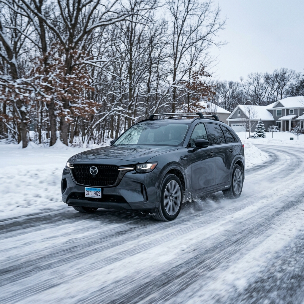 Dark grey Mazda SUV driving along a snow-covered suburban road surrounded by wintry trees. (Representative image for illustration purposes only. Actual vehicle may vary based on trim and configuration.)