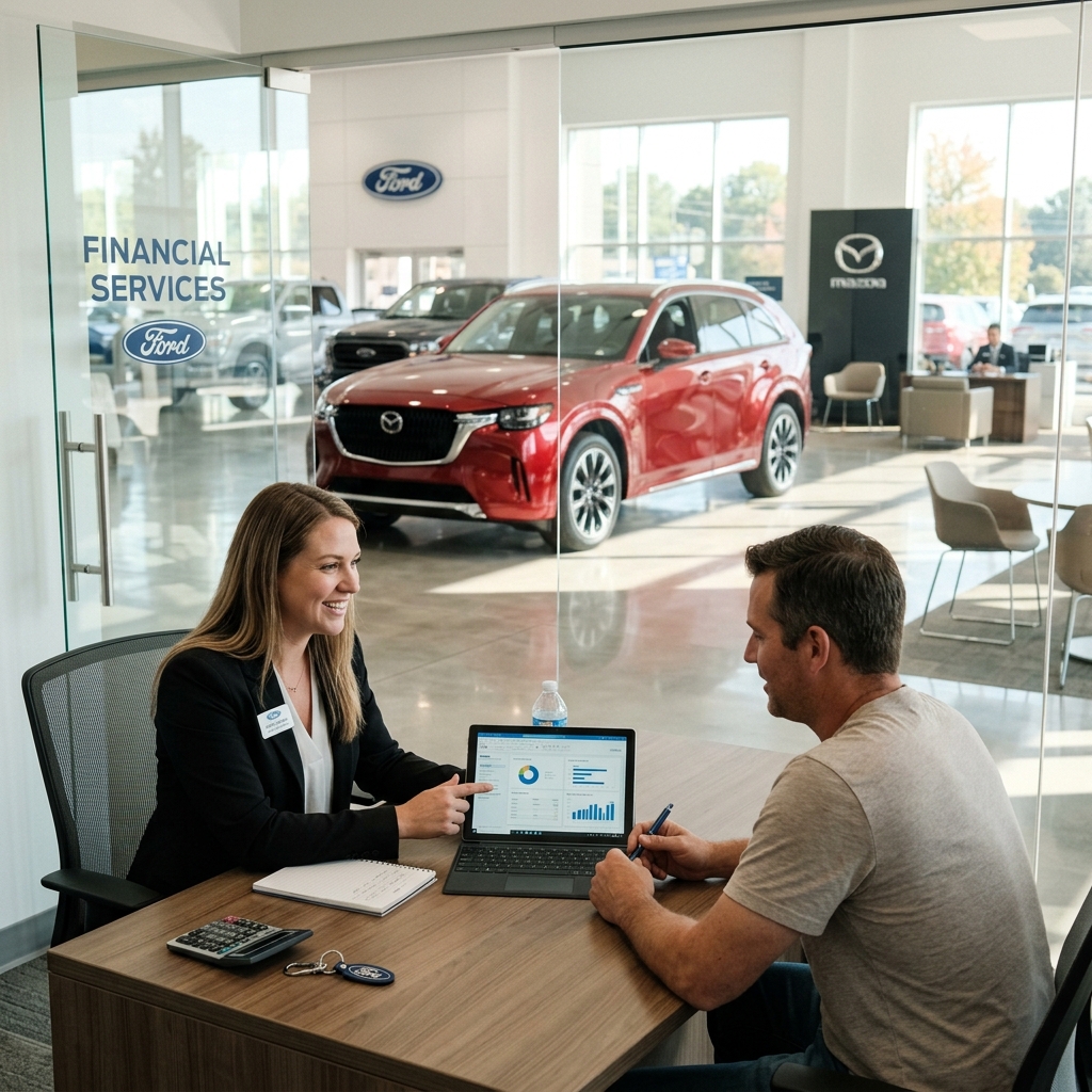 A financial advisor shows car financing charts on a tablet to a customer inside an auto dealership office. (Representative image for illustration purposes only. Actual vehicle may vary based on trim and configuration.)