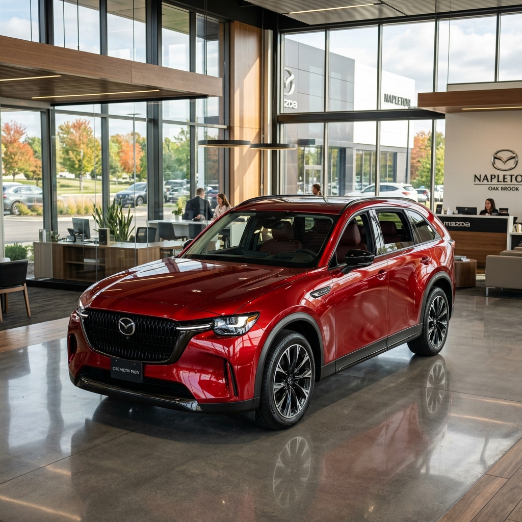 A metallic red Mazda SUV parked on the reflective showroom floor of a modern car dealership. (Representative image for illustration purposes only. Actual vehicle may vary based on trim and configuration.)