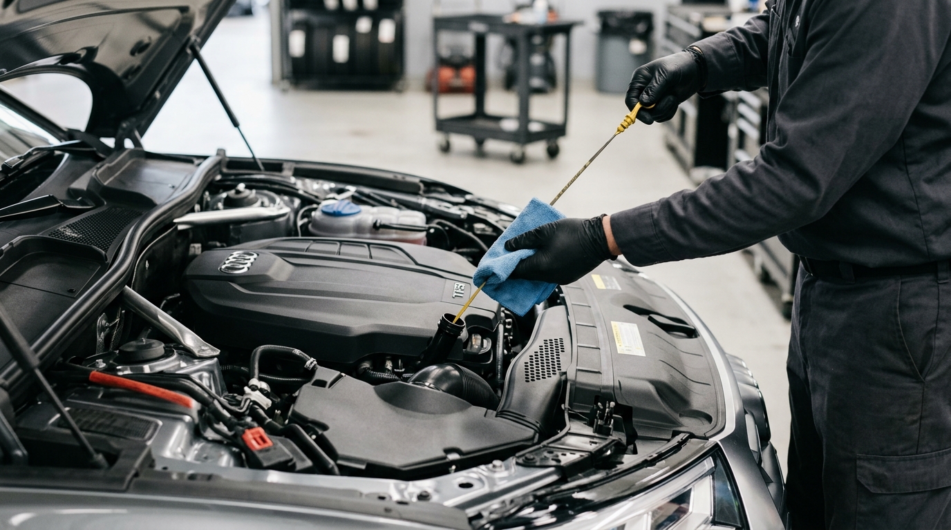 Mechanic wearing black gloves checking the engine oil level of an Audi car using a yellow dipstick and cloth. (Representative image for illustration purposes only. Actual vehicle may vary based on trim and configuration.)