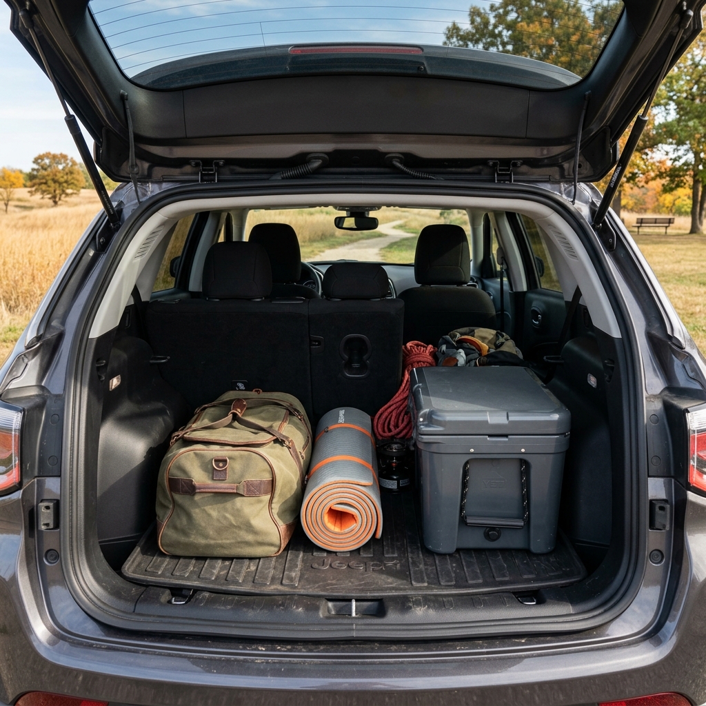 Open SUV trunk packed with a green canvas duffel bag, rolled sleeping pad, and grey Yeti cooler. (Representative image for illustration purposes only. Actual vehicle may vary based on trim and configuration.)