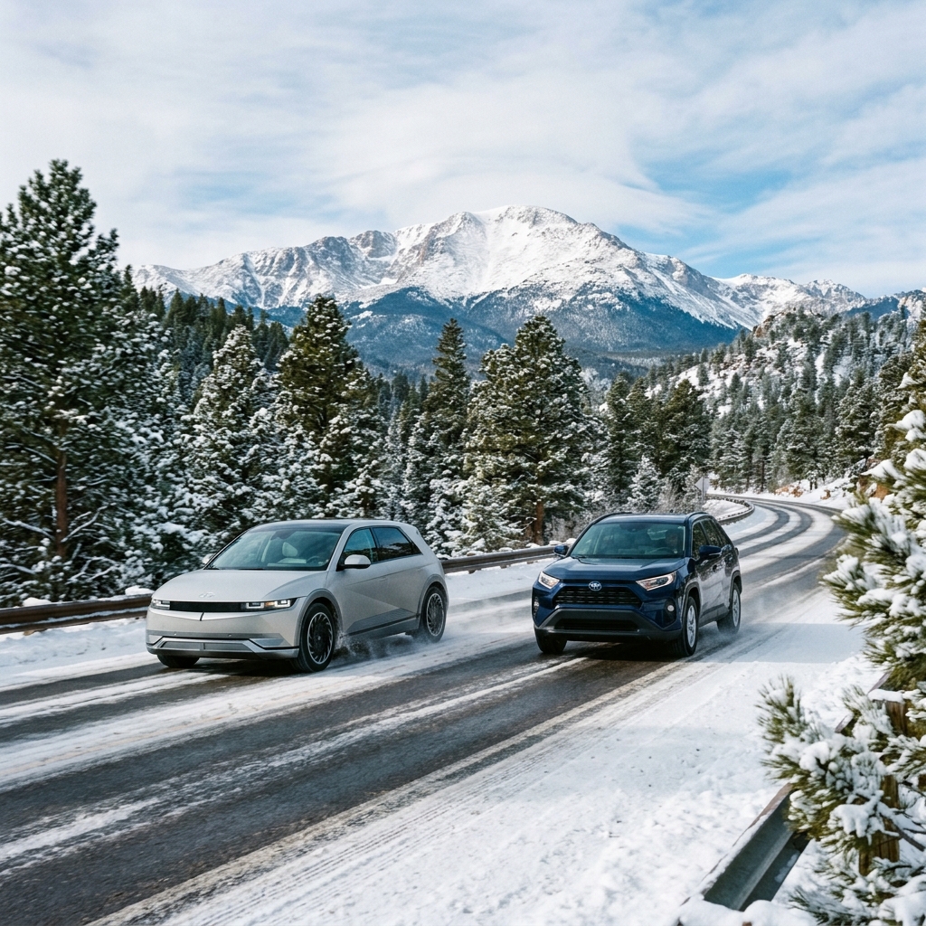 A silver Hyundai Ioniq 5 and a dark blue Toyota RAV4 drive along a snow-covered mountain road flanked by pine trees. (Representative image for illustration purposes only. Actual vehicle may vary based on trim and configuration.)