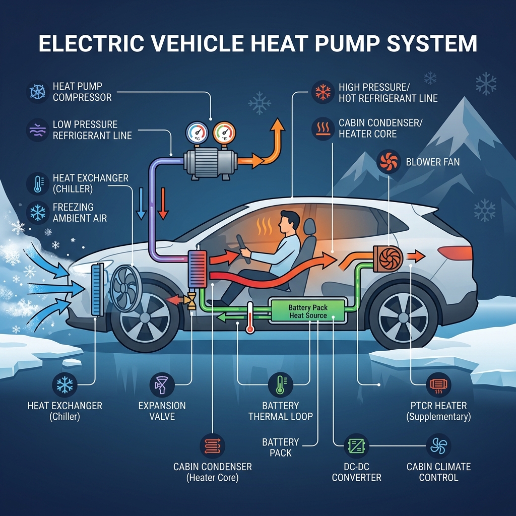 Diagram illustrating an electric vehicle heat pump system operating in freezing ambient air conditions to warm the cabin. (Representative image for illustration purposes only. Actual vehicle may vary based on trim and configuration.)