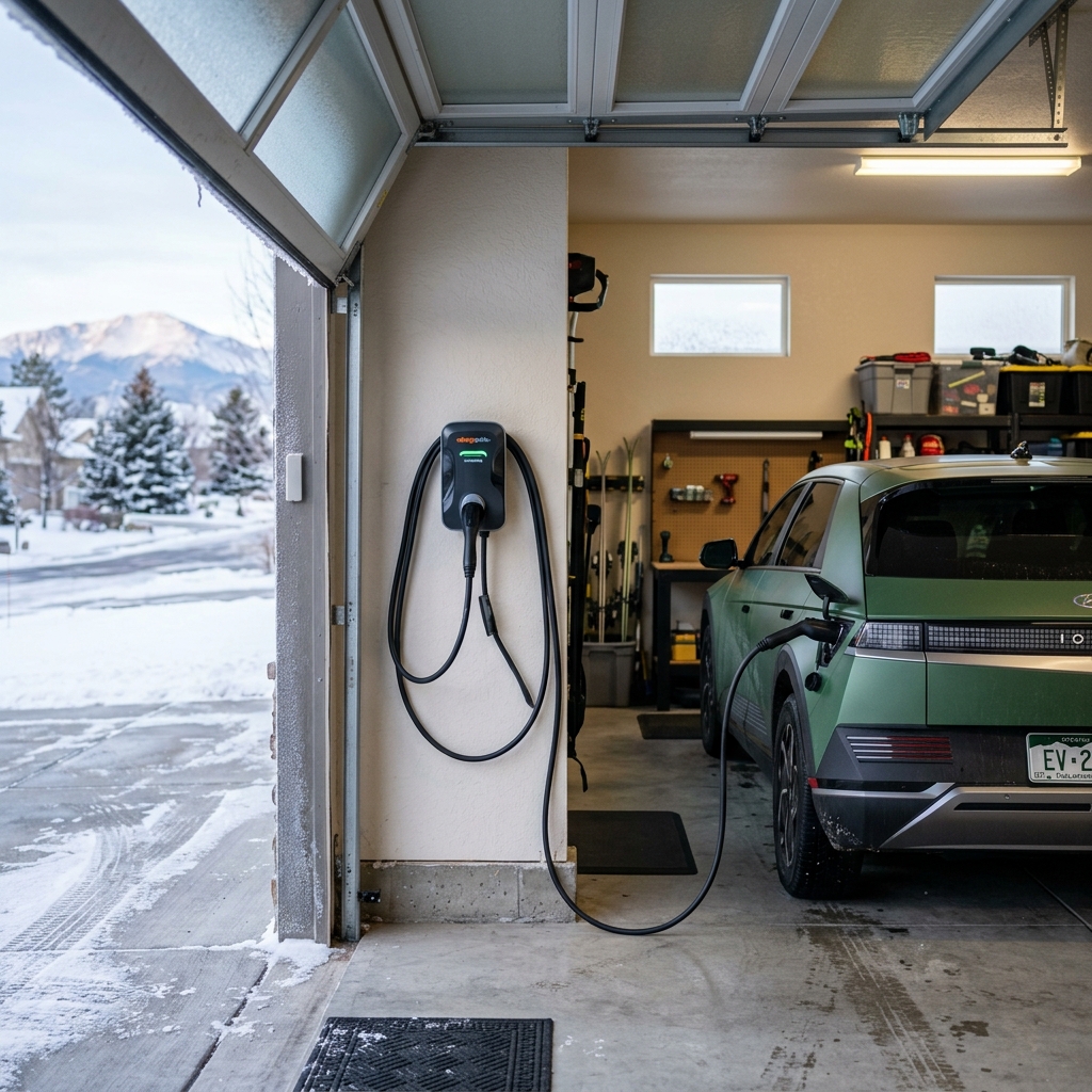 A matte green Hyundai Ioniq 5 electric car charging in a garage while snow covers the landscape outside. (Representative image for illustration purposes only. Actual vehicle may vary based on trim and configuration.)