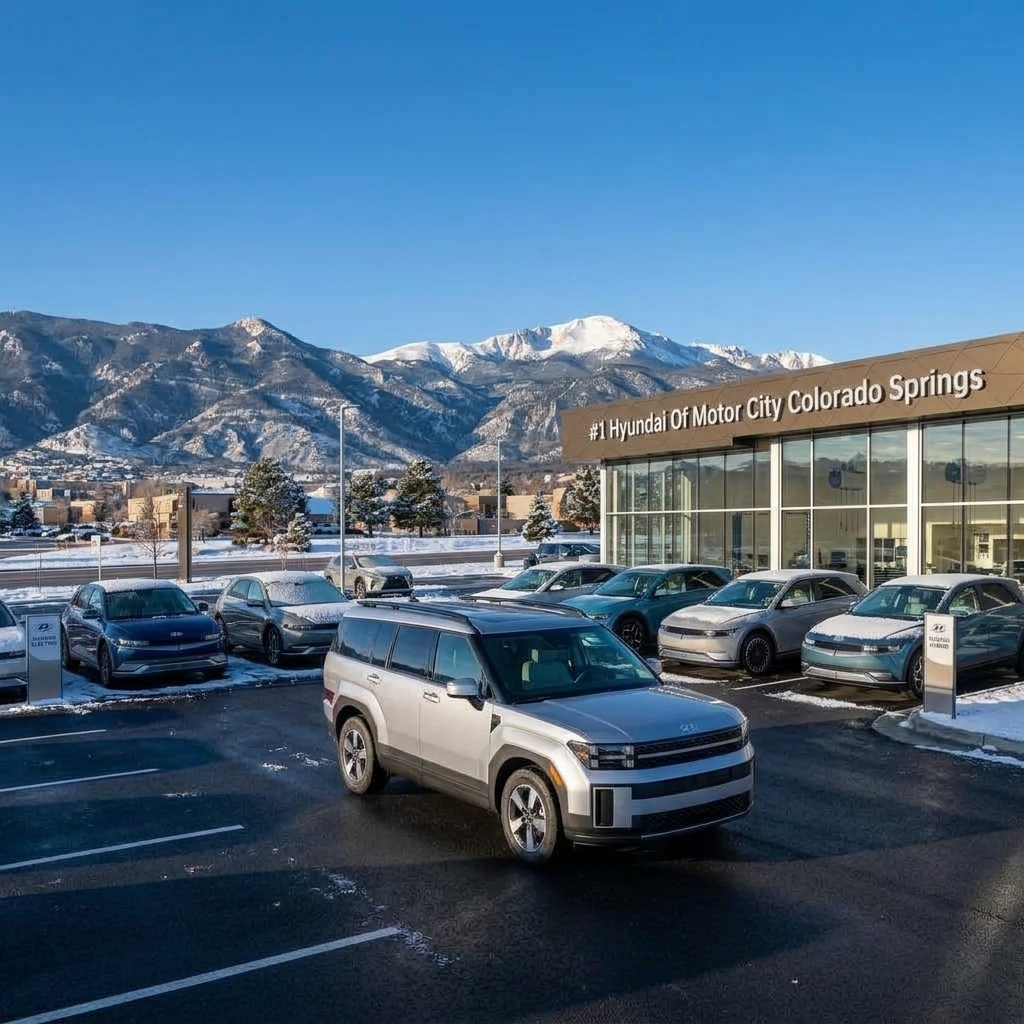 Silver Hyundai Santa Fe parked at a dealership in Colorado Springs with snow-capped mountains in the background. (Representative image for illustration purposes only. Actual vehicle may vary based on trim and configuration.)