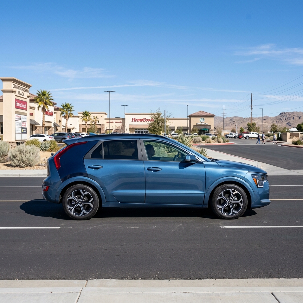 Side profile of a metallic blue compact crossover SUV driving past an outdoor shopping center on a sunny day. (Representative image for illustration purposes only. Actual vehicle may vary based on trim and configuration.)