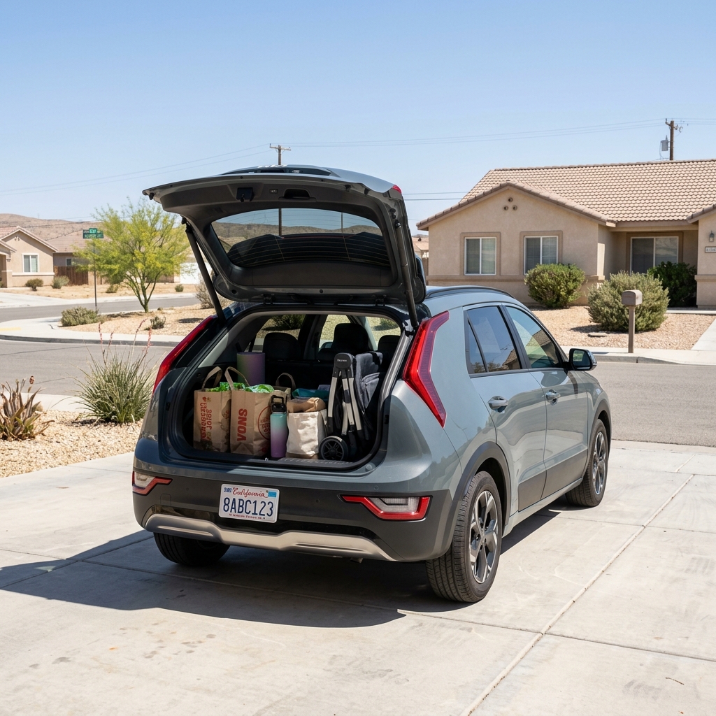 Open trunk of a grey crossover SUV packed with grocery bags and a stroller parked in a sunny driveway. (Representative image for illustration purposes only. Actual vehicle may vary based on trim and configuration.)