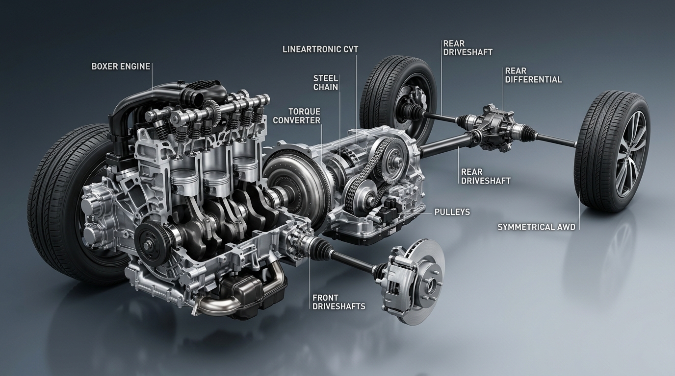 Cutaway rendering of a Subaru Symmetrical AWD powertrain showing the Boxer engine, Lineartronic CVT, and driveshaft. (Representative image for illustration purposes only. Actual vehicle may vary based on trim and configuration.)