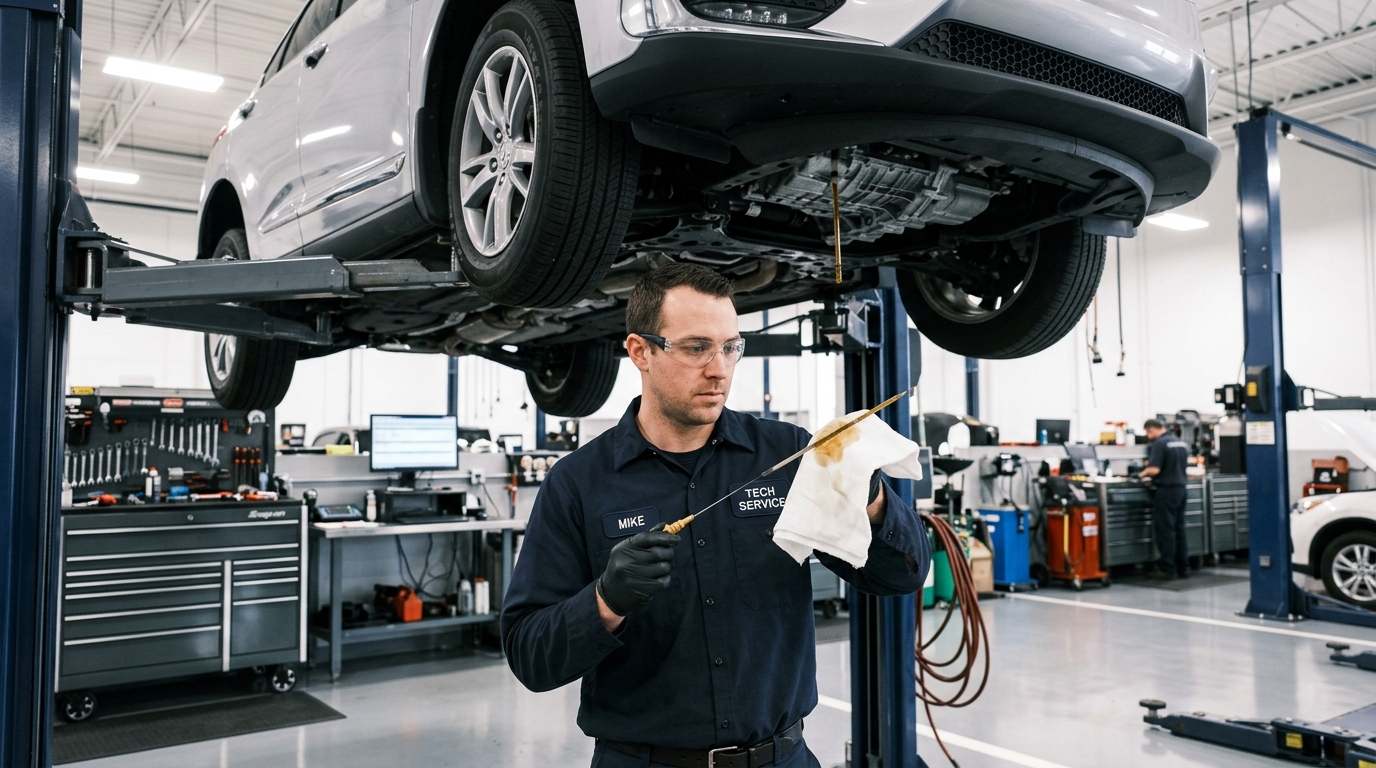 An auto mechanic holding and wiping an oil dipstick with a rag under a car elevated on a hydraulic lift. (Representative image for illustration purposes only. Actual vehicle may vary based on trim and configuration.)