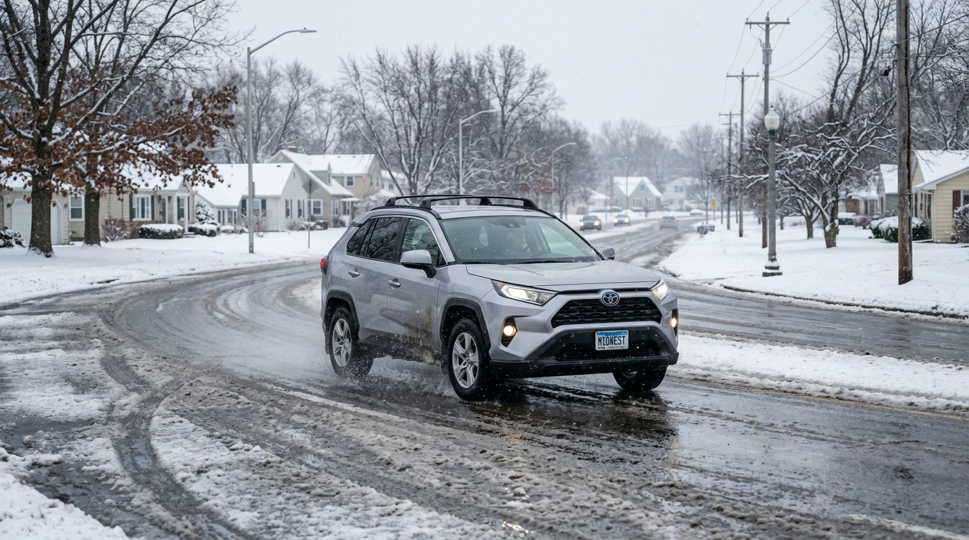 A silver Toyota RAV4 driving through wet slush and snow on a suburban neighborhood street in winter. (Representative image for illustration purposes only. Actual vehicle may vary based on trim and configuration.)