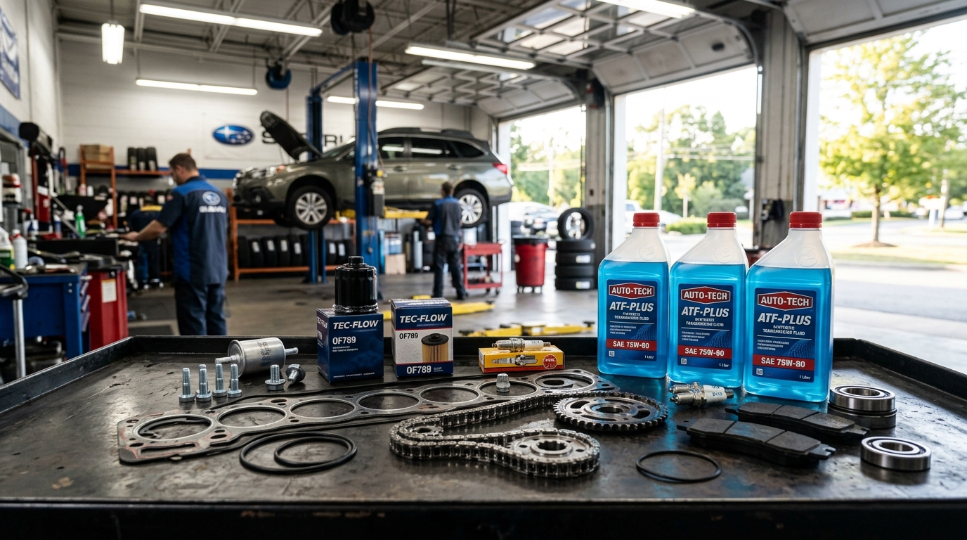 Car parts including fluid bottles, filters, and gaskets laid out on a tray in an auto repair shop. (Representative image for illustration purposes only. Actual vehicle may vary based on trim and configuration.)