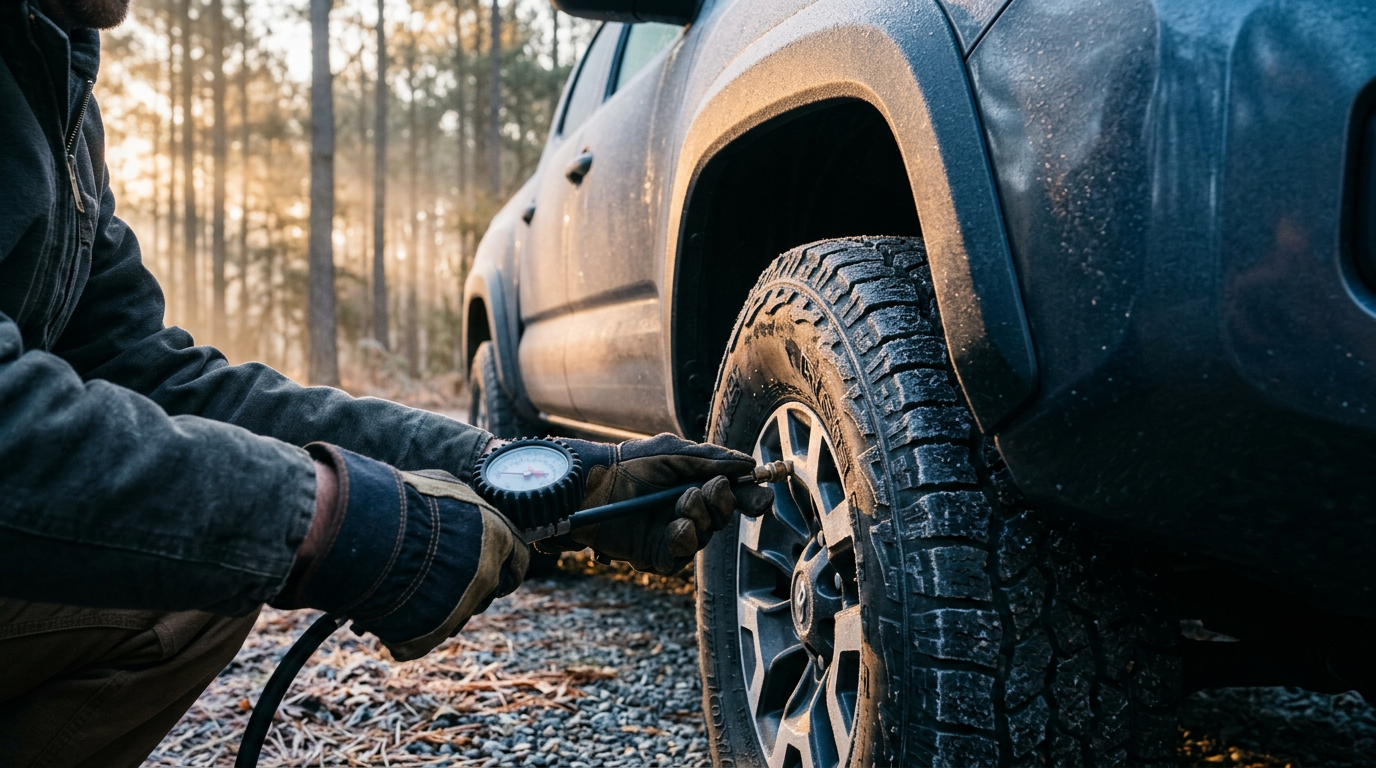 A person in heavy gloves checking tire pressure on an off-road vehicle during a cold morning outdoors. (Representative image for illustration purposes only. Actual vehicle may vary based on trim and configuration.)