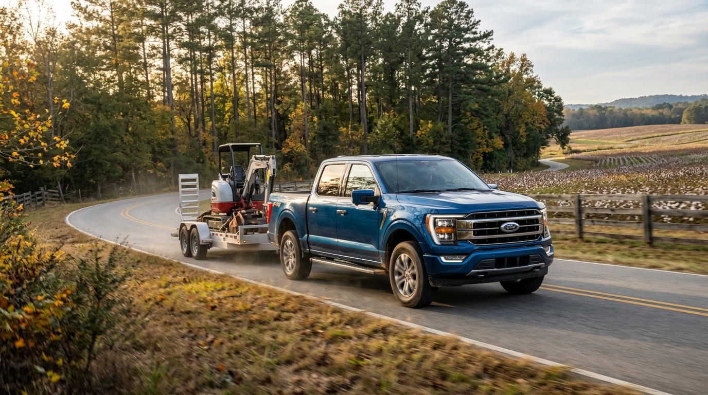 A blue Ford F-150 pickup truck towing a mini excavator on a trailer along a rural country road. (Representative image for illustration purposes only. Actual vehicle may vary based on trim and configuration.)